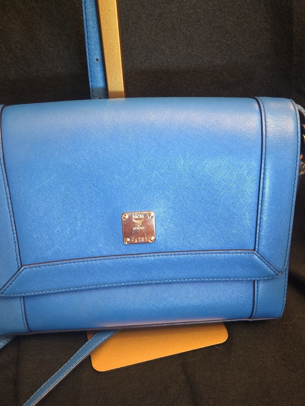 MCM Royal Blue Leather Crossbody with Gold Plaque